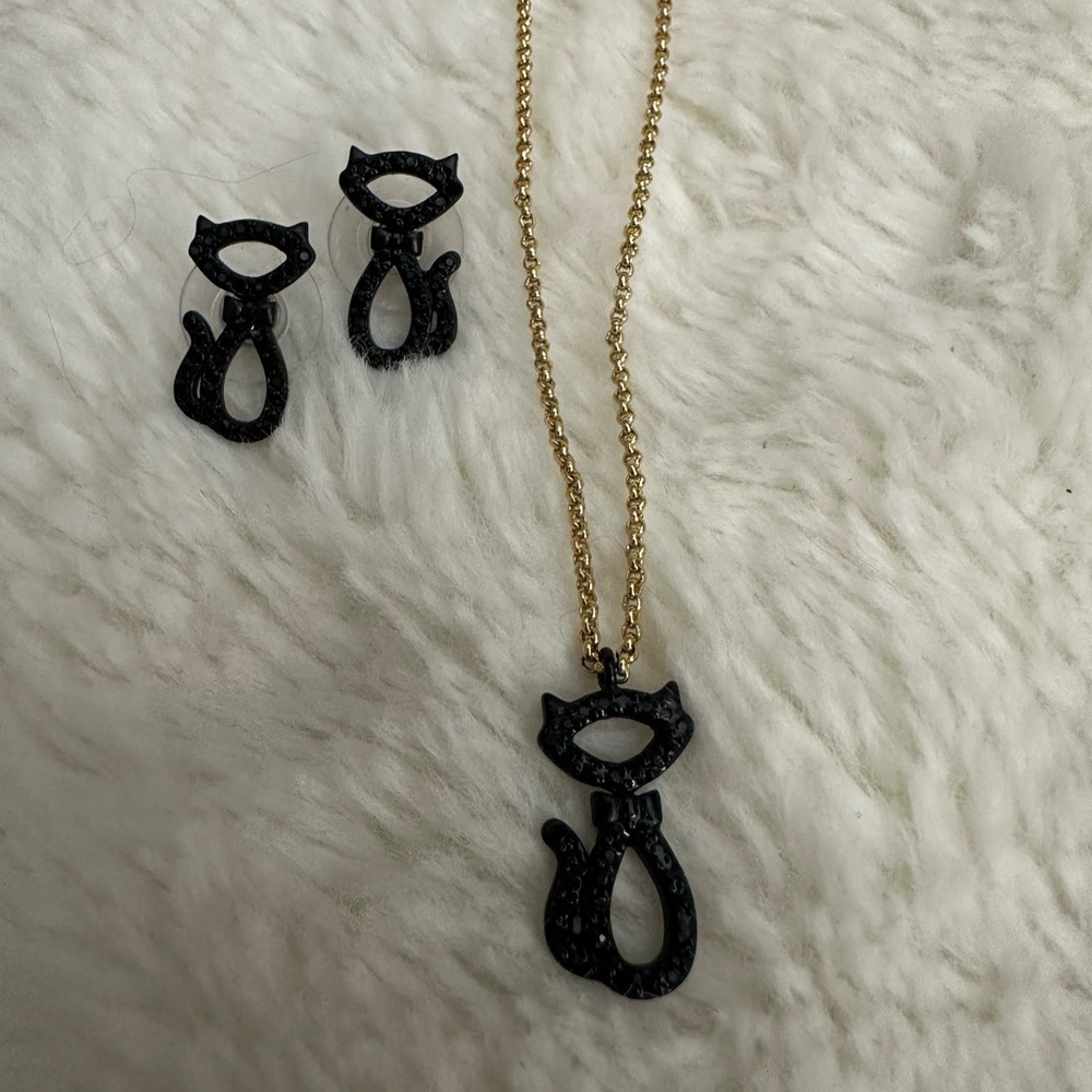 Kate Spade Jazz Things Up Pave Black Cat Necklace and Earrings